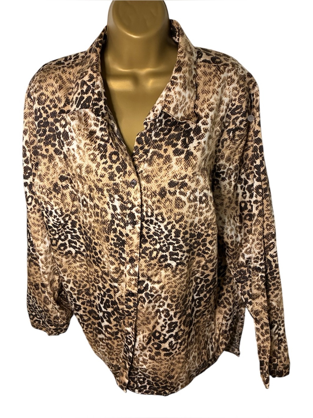 Westbound Woman Leopard Print Button Front Blouse Collared Long Sleeve 2X
